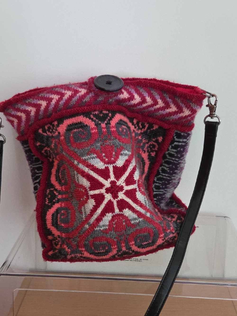 Handcrafted Red & Pink Patterned Knit Shoulder Bag...hobo Style